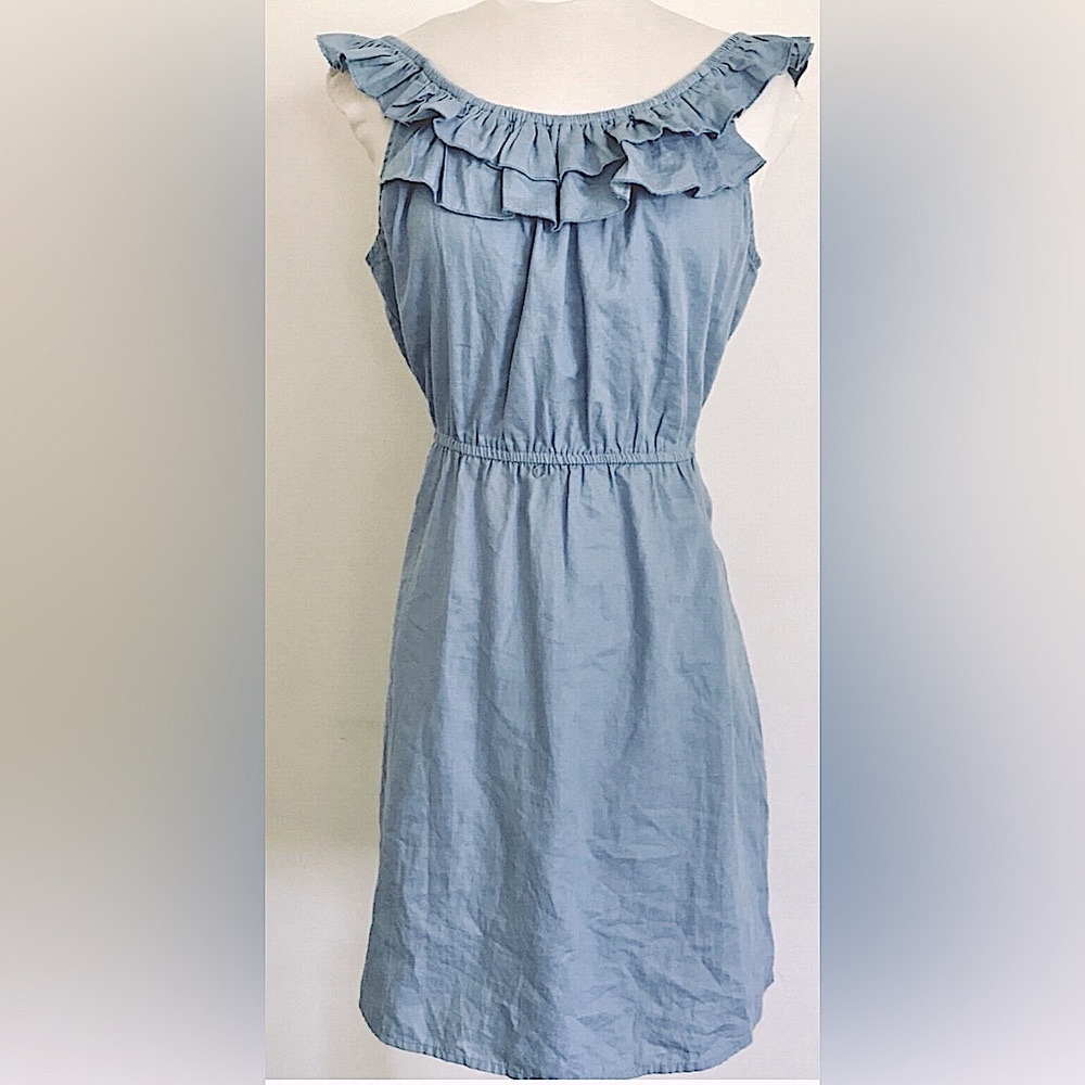 Lily Rose Cotton Chambray Dress M Blue Off the Shoulder Lightweight Denim Ruffle
